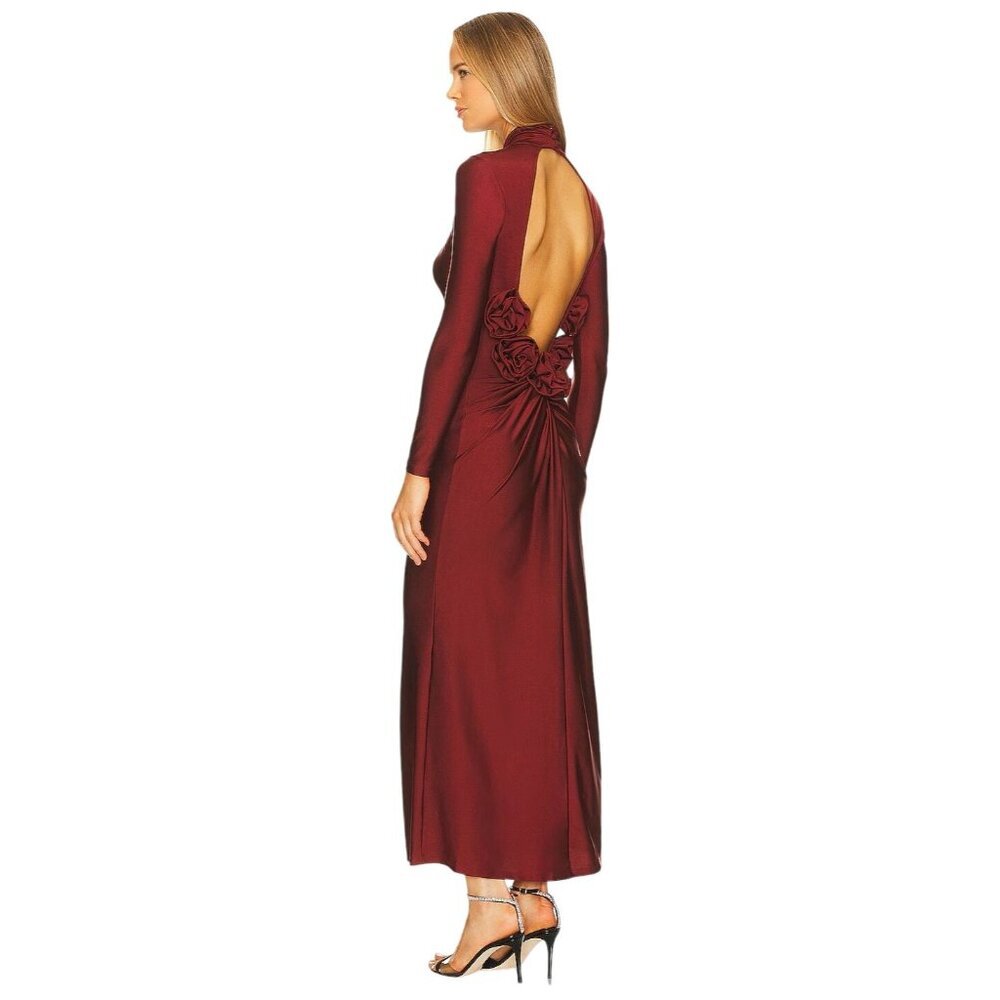 Camila Coelho Wine Red Backless Long Sleeve Evening Gown